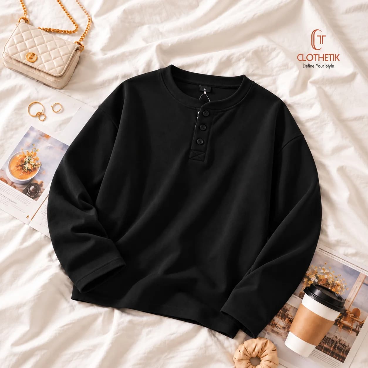 Henley Longsleeve Sweatshirt - Black