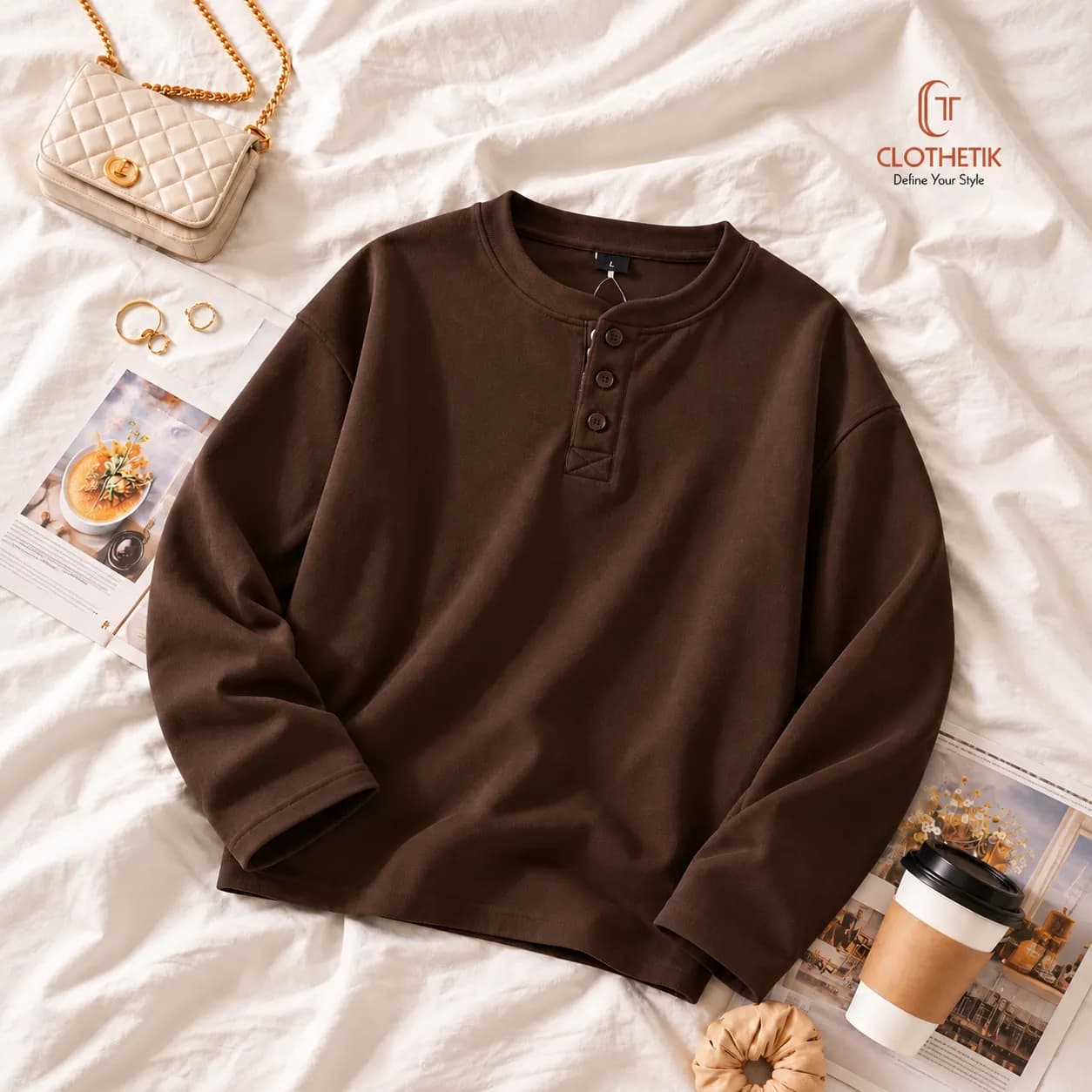 Henley Longsleeve Sweatshirt - Chocolate Brown